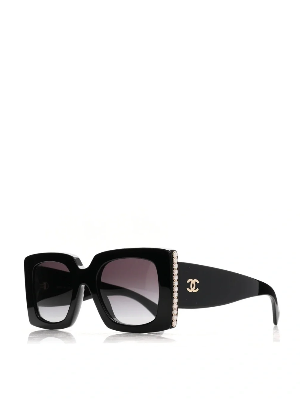 CHANEL Black Acetate Rectangle Sunglasses with Pearl, Gold CC Logo Pearl 5480-H